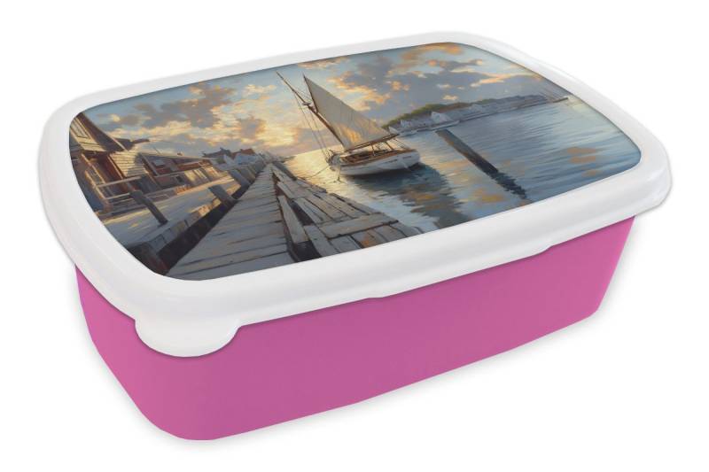 MuchoWow Lunchbox Segelboot - Sonne - Pier - Holz, Kunststoff, (2-tlg), Brotdosen, Lunch Box, Brotbox für Kinder und Erwachsene von MuchoWow