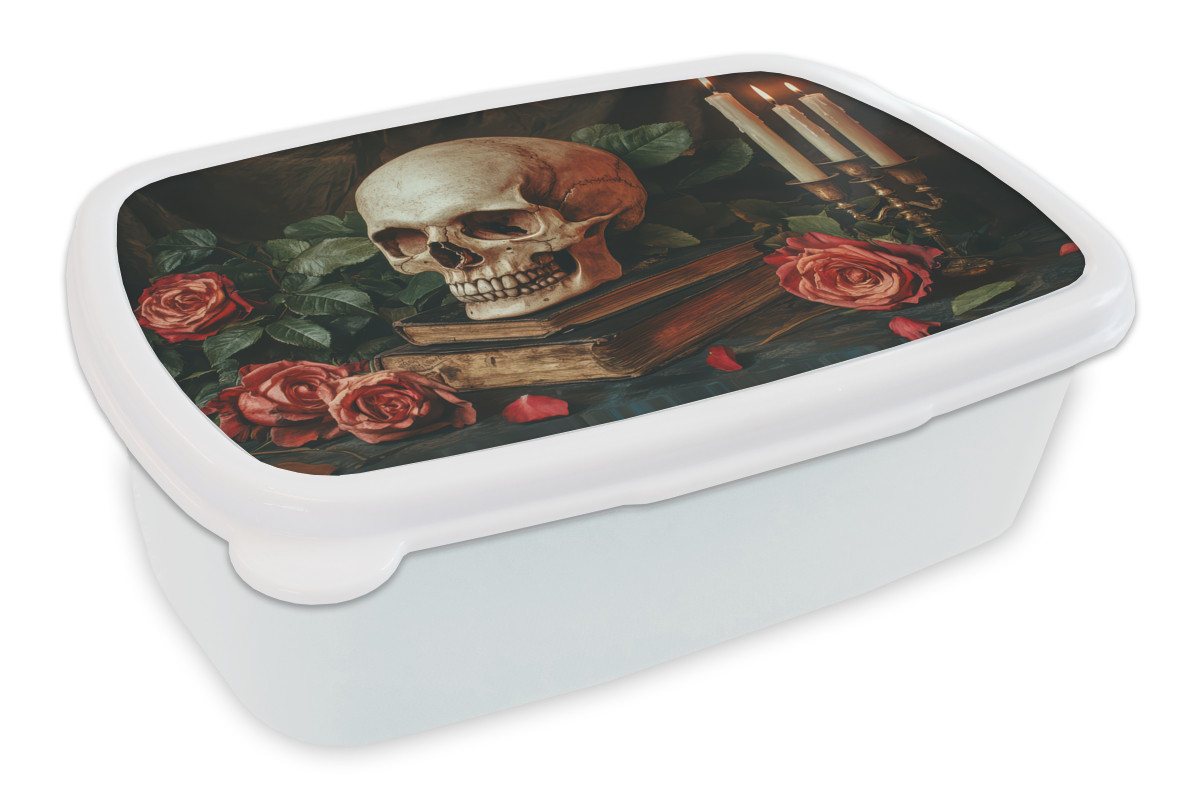 MuchoWow Lunchbox Skelett - Kerzen - Rosen - Schädel - Bücher - Kerzenständer, Kunststoff, (2-tlg), Brotdose Schule oder Arbeit, Brotbox für Kinder und Erwachsene MuchoWow Lunchbox Skelett - Kerzen - Rosen - Schädel - Bücher - Kerzenständer, Kunststoff, (2-tlg), Brotdose Schule oder Arbeit, Brotbox für Kinder und Erwachsene von MuchoWow