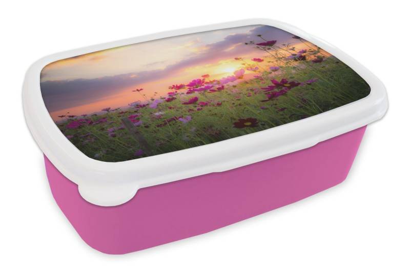 MuchoWow Lunchbox Sonnenuntergang - Blumen - Rosa - Natur - Grün, Kunststoff, (2-tlg), Brotdosen, Lunch Box, Brotbox für Kinder und Erwachsene von MuchoWow