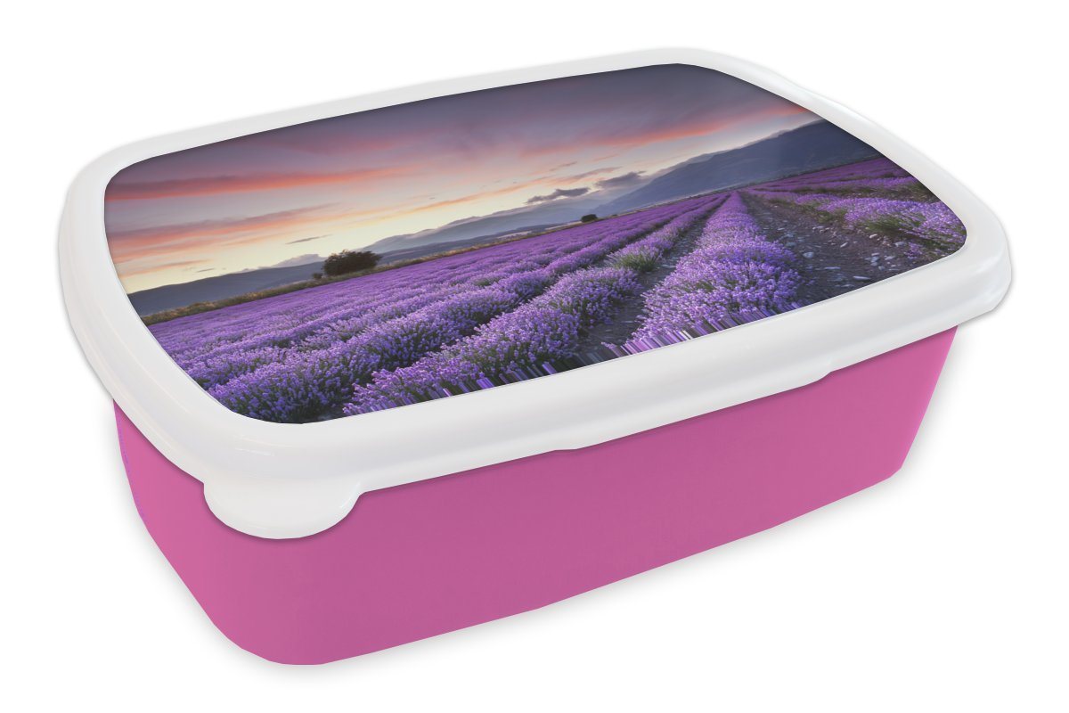 MuchoWow Lunchbox Sonnenuntergang über Lavendel, Kunststoff, (2-tlg), Brotbox für Erwachsene, Brotdose Kinder, Snackbox, Mädchen, Kunststoff von MuchoWow