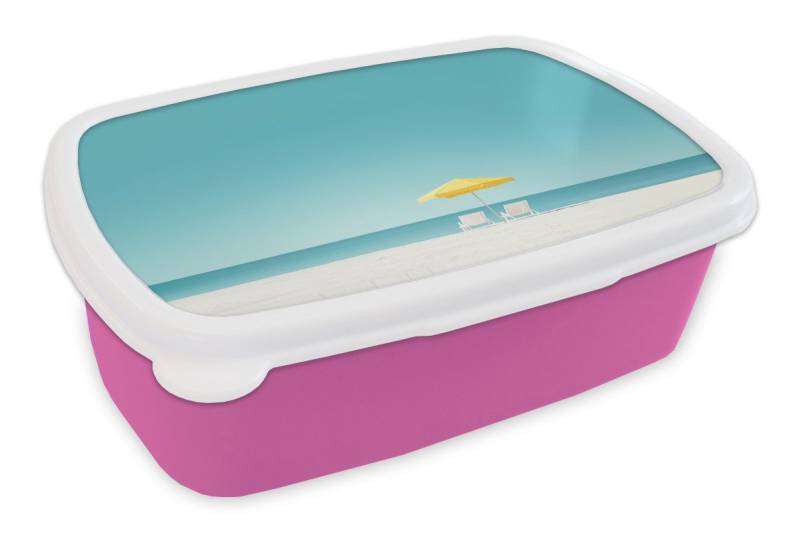 MuchoWow Lunchbox Strand - Blauer Himmel - Gelb - Sonnenschirm, Kunststoff, (2-tlg), Brotdosen, Lunch Box, Brotbox für Kinder und Erwachsene von MuchoWow