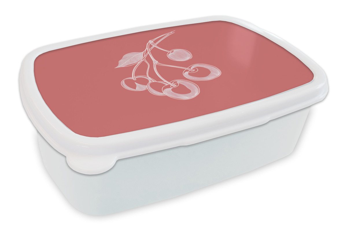 MuchoWow Lunchbox Strichdarstellung - Kirsche - Zweig - Weiß, Kunststoff, (2-tlg), Brotdose Schule oder Arbeit, Brotbox für Kinder und Erwachsene von MuchoWow