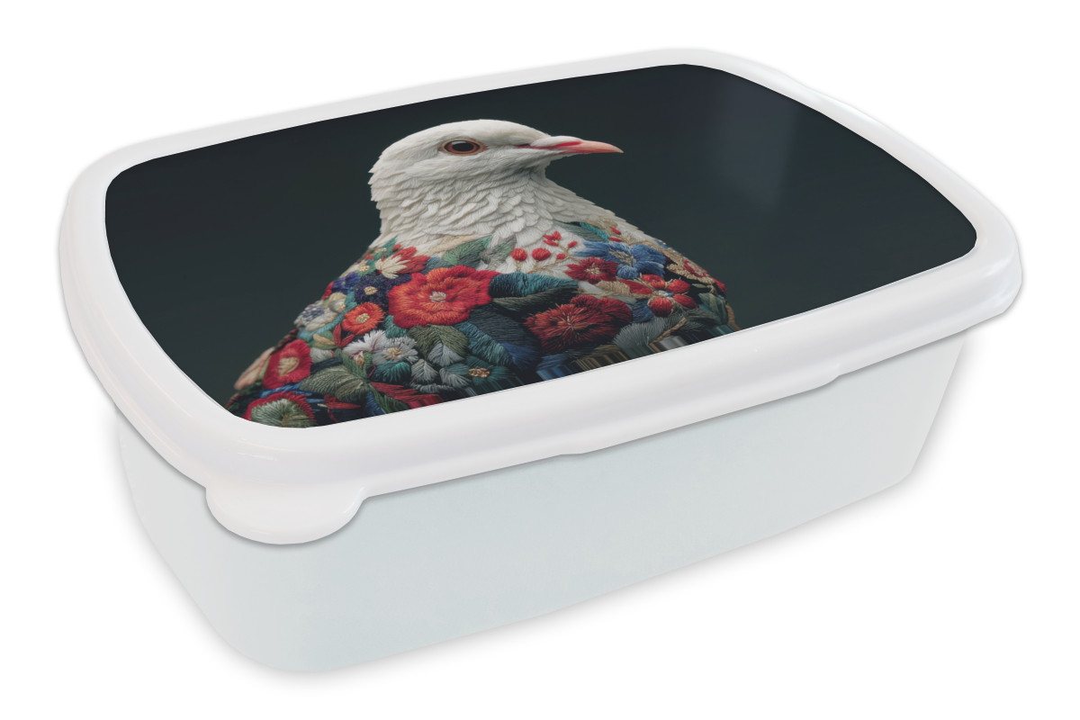MuchoWow Lunchbox Taube - Blumen - Weiß - Schwarz, Kunststoff, (2-tlg), Brotdose Schule oder Arbeit, Brotbox für Kinder und Erwachsene von MuchoWow