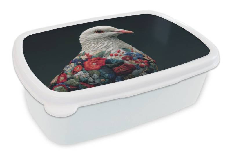 MuchoWow Lunchbox Taube - Blumen - Weiß - Schwarz, Kunststoff, (2-tlg), Brotdose Schule oder Arbeit, Brotbox für Kinder und Erwachsene von MuchoWow