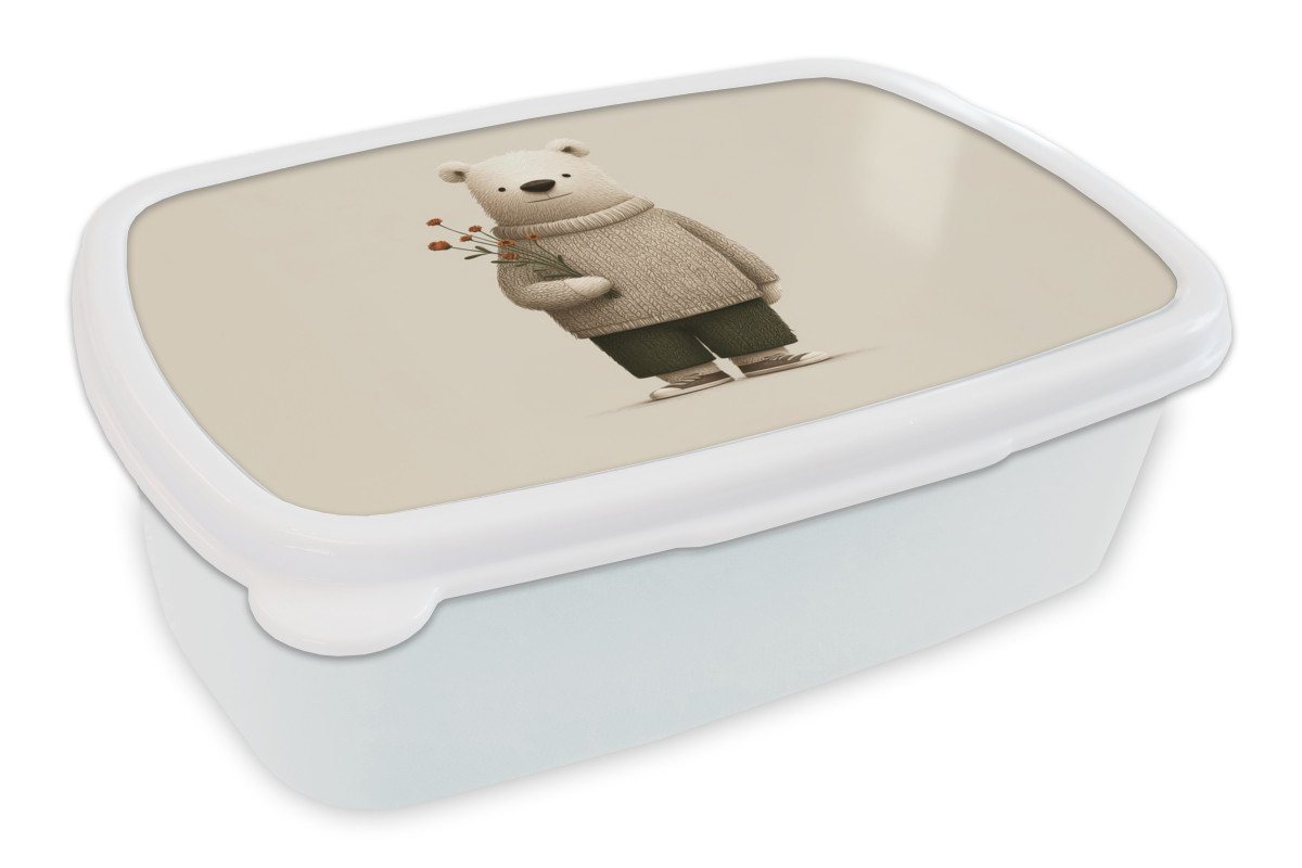 MuchoWow Lunchbox Teddybär - Orangefarbene Blumen - Freundlich, Kunststoff, (2-tlg), Brotdose Schule oder Arbeit, Brotbox für Kinder und Erwachsene von MuchoWow
