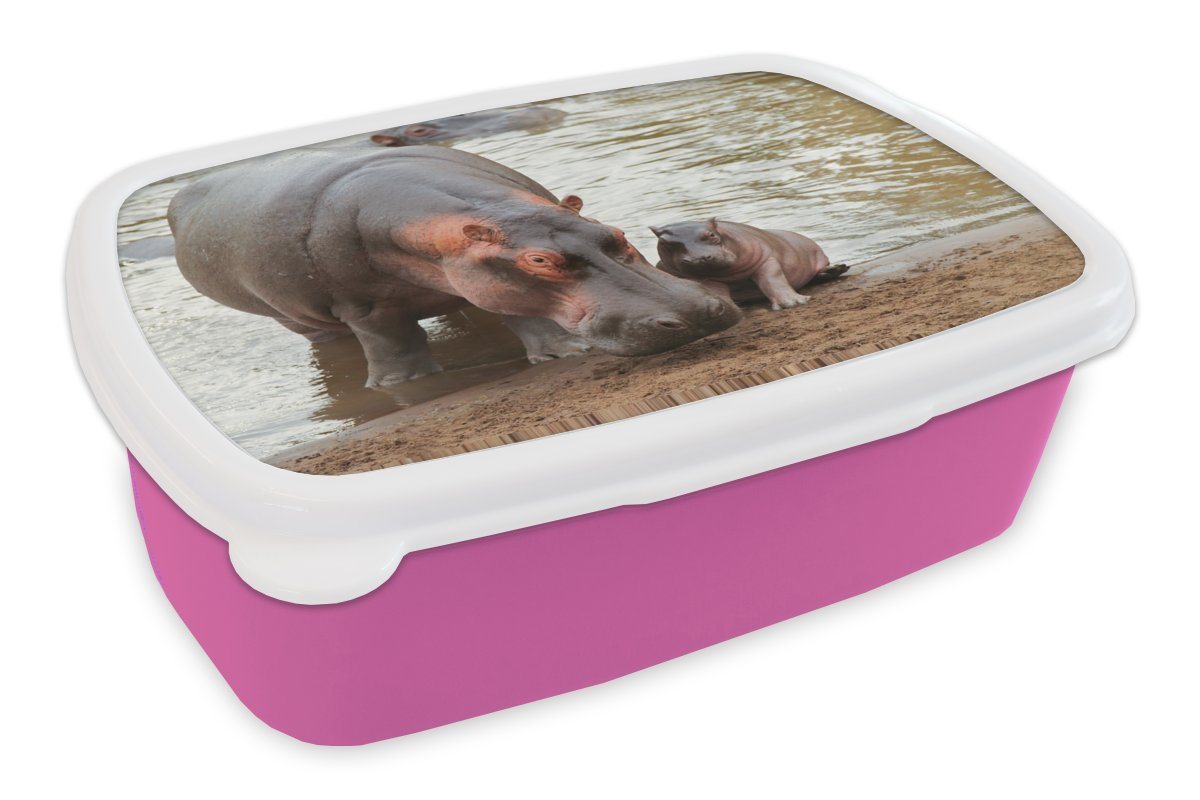 MuchoWow Lunchbox Tiere - Nilpferde - Baby, Kunststoff, (2-tlg), Brotbox für Erwachsene, Brotdose Kinder, Snackbox, Mädchen, Kunststoff von MuchoWow