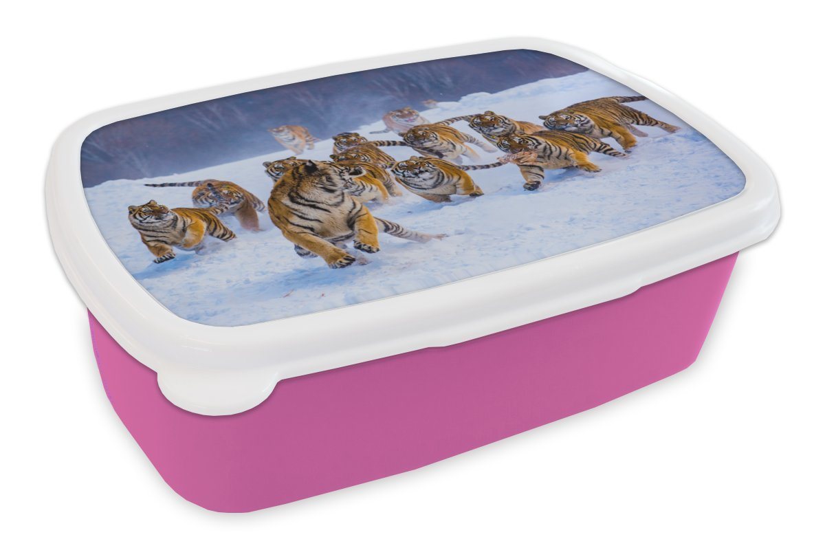 MuchoWow Lunchbox Tiger - Schnee - Wilde Tiere - Winter, Kunststoff, (2-tlg), Brotbox für Erwachsene, Brotdose Kinder, Snackbox, Mädchen, Kunststoff von MuchoWow