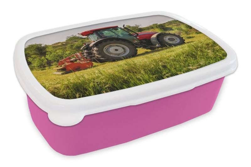 MuchoWow Lunchbox Traktor - Rot - Natur - Grün - Landleben, Kunststoff, (2-tlg), Brotdosen, Lunch Box, Brotbox für Kinder und Erwachsene von MuchoWow