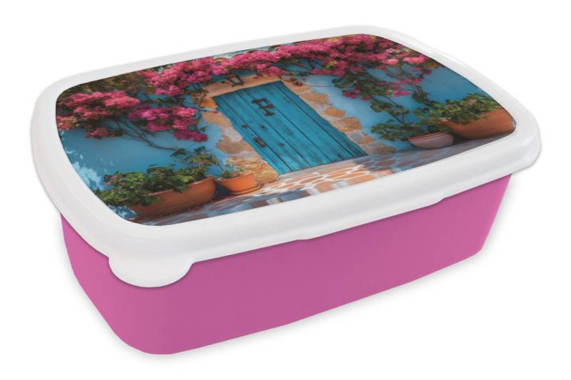 MuchoWow Lunchbox Tür - Holz - Blumen - Blau, Kunststoff, (2-tlg), Brotdosen, Lunch Box, Brotbox für Kinder und Erwachsene von MuchoWow