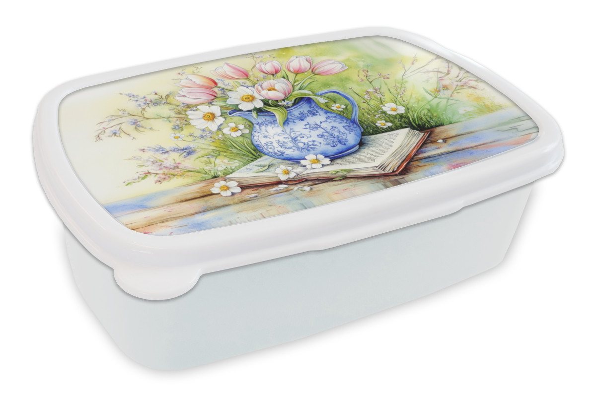 MuchoWow Lunchbox Vase - Delfter Blau - Gänseblümchen, Kunststoff, (2-tlg), Brotdose Schule oder Arbeit, Brotbox für Kinder und Erwachsene von MuchoWow