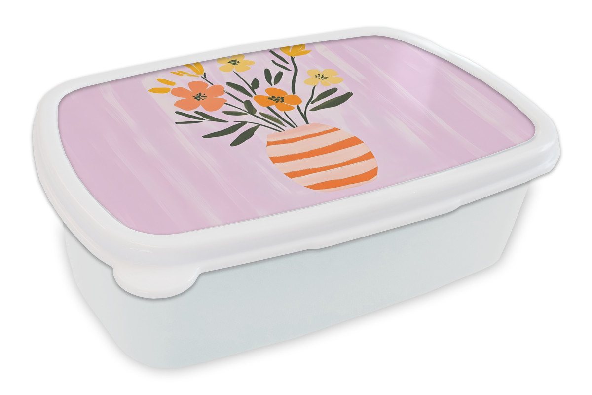 MuchoWow Lunchbox Vase - Gestreift - Blumen - Orange, Kunststoff, (2-tlg), Brotdose Schule oder Arbeit, Brotbox für Kinder und Erwachsene von MuchoWow