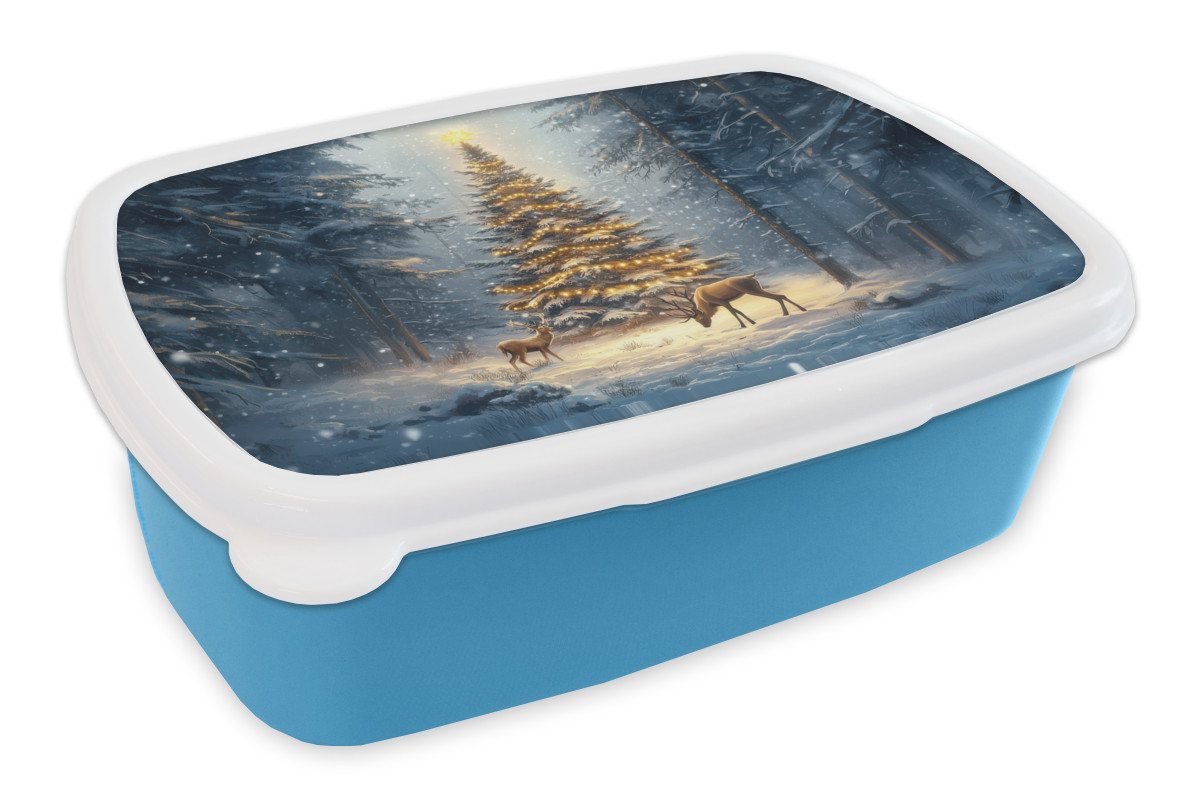 MuchoWow Lunchbox Weihnachtsbeleuchtung - Wald - Hirsche - Dunkelheit, Kunststoff, (2-tlg), Brotdose, Lunchbox, Brotbox für Kinder und Erwachsene von MuchoWow