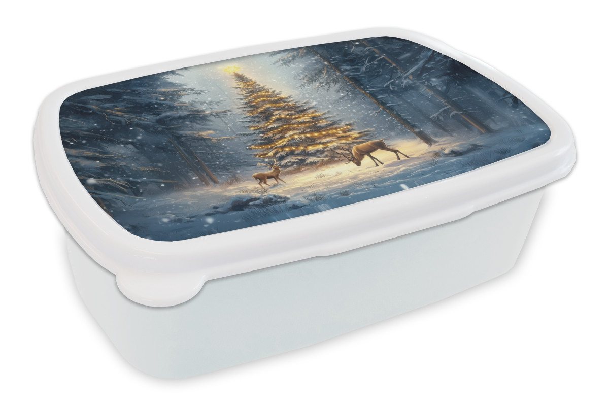 MuchoWow Lunchbox Weihnachtsbeleuchtung - Wald - Hirsche - Dunkelheit, Kunststoff, (2-tlg), Brotdose Schule oder Arbeit, Brotbox für Kinder und Erwachsene von MuchoWow