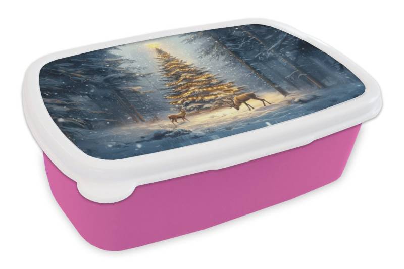MuchoWow Lunchbox Weihnachtsbeleuchtung - Wald - Hirsche - Dunkelheit, Kunststoff, (2-tlg), Brotdosen, Lunch Box, Brotbox für Kinder und Erwachsene von MuchoWow