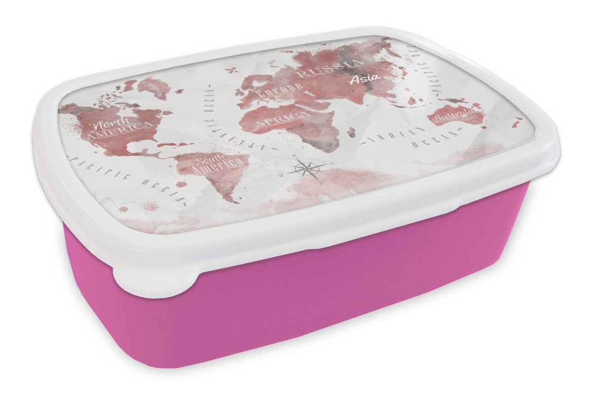 MuchoWow Lunchbox Weltkarte - Farbe - rosa, Kunststoff, (2-tlg), Brotbox für Erwachsene, Brotdose Kinder, Snackbox, Mädchen, Kunststoff von MuchoWow