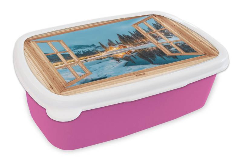 MuchoWow Lunchbox Winterlandschaft - Natur - Haus - Berge - Aussicht - Fenster, Kunststoff, (2-tlg), Brotdosen, Lunch Box, Brotbox für Kinder und Erwachsene von MuchoWow