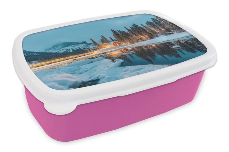 MuchoWow Lunchbox Winterlandschaft - Natur - Haus - Berge - Schnee, Kunststoff, (2-tlg), Brotdosen, Lunch Box, Brotbox für Kinder und Erwachsene von MuchoWow