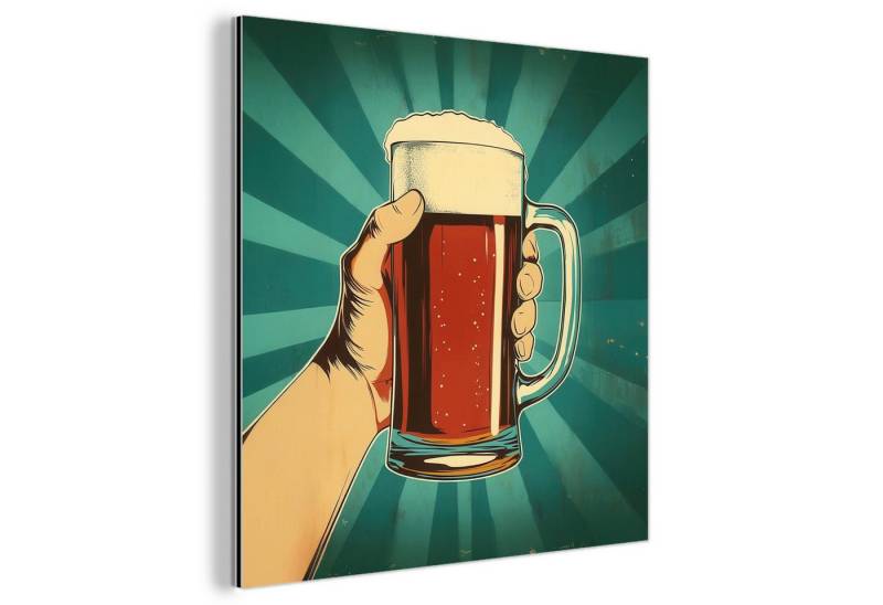 MuchoWow Metallbild Bierglas - Schaumstoff - Retro - Grün, Inkl. Aufhängung, Alu-Dibond-Druck, Wandbild aus Metall, Aluminium deko, 20x20 cm von MuchoWow