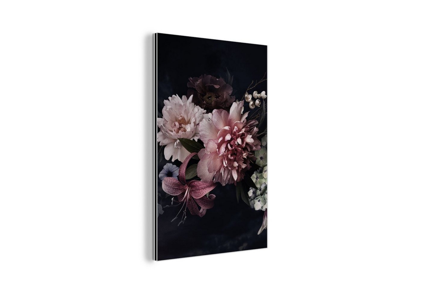 MuchoWow Metallbild Blumen - Vintage - Pastell - Schwarz - Blumenstrauß, (1 St), Alu-Dibond-Druck, Gemälde aus Metall, Aluminium deko von MuchoWow
