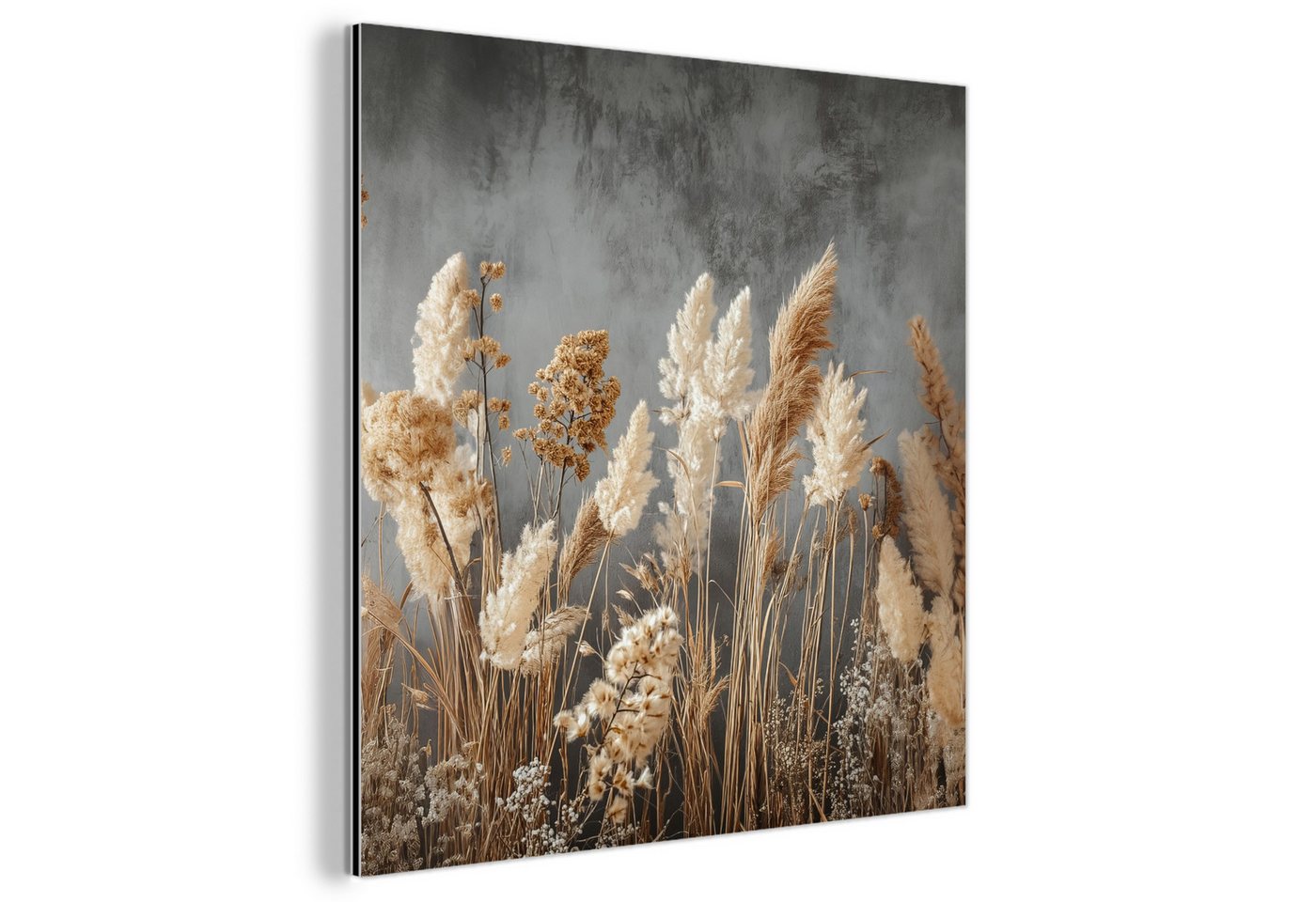 MuchoWow Metallbild Getrocknete Feldblumen - Grau - Beton, Inkl. Aufhängung, Alu-Dibond-Druck, Wandbild aus Metall, Aluminium deko, 20x20 cm von MuchoWow