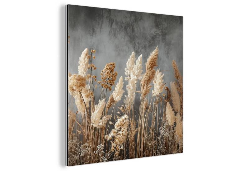 MuchoWow Metallbild Getrocknete Feldblumen - Grau - Beton, Inkl. Aufhängung, Alu-Dibond-Druck, Wandbild aus Metall, Aluminium deko, 20x20 cm von MuchoWow