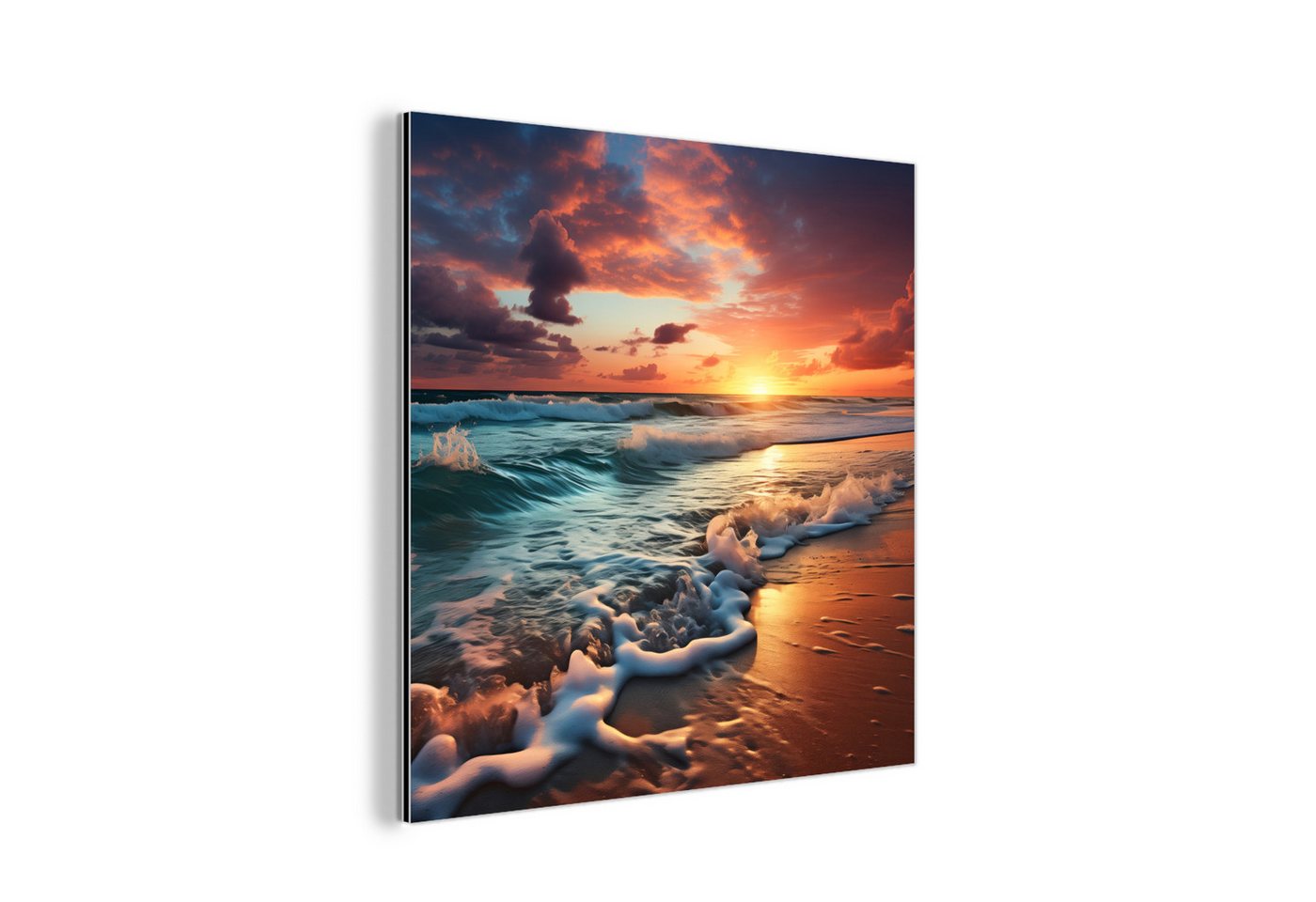 MuchoWow Metallbild Sonnenuntergang - Strand - Meer - Golfen, (1 St), Alu-Dibond-Druck, Wandbild aus Metall, Aluminium deko, 20x20 cm von MuchoWow