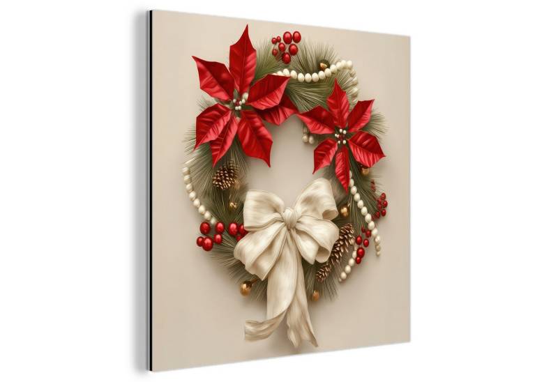 MuchoWow Metallbild Türkranz - Schleife - Weihnachten - Rot - Grün, Inkl. Aufhängung, Alu-Dibond-Druck, Wandbild aus Metall, Aluminium deko, 20x20 cm von MuchoWow