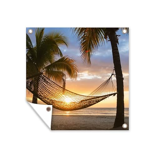 MuchoWow Outdoor-Poster Poster Wanddeko draußen Deko Garten Gartenposter 100x100 cm Sonnenuntergang - Hängematte - Palme von MuchoWow