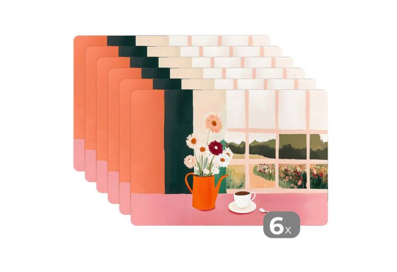 MuchoWow Platzset Blumen - Kaffee - Fenster, (6-St), Platzsets, Tischset, Abwaschbar, Tischsets, Platzdeckchen von MuchoWow