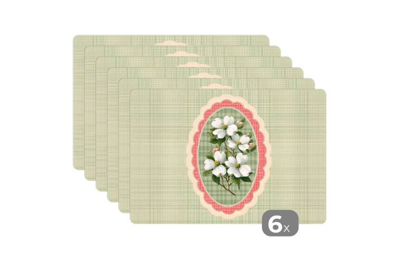 MuchoWow Platzset Blumen - Illustration - Kariert - Grün, (6-St), Platzsets, Tischset, Abwaschbar, Tischsets, Platzdeckchen von MuchoWow