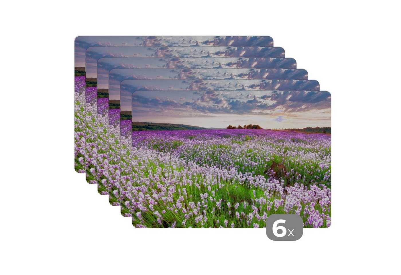 MuchoWow Platzset Blumen - Lavendel - Lila - Himmel - Sonnenuntergang - Wiese - Natur, (6-St), Platzsets, Tischset, Abwaschbar, Tischsets, Platzdeckchen von MuchoWow