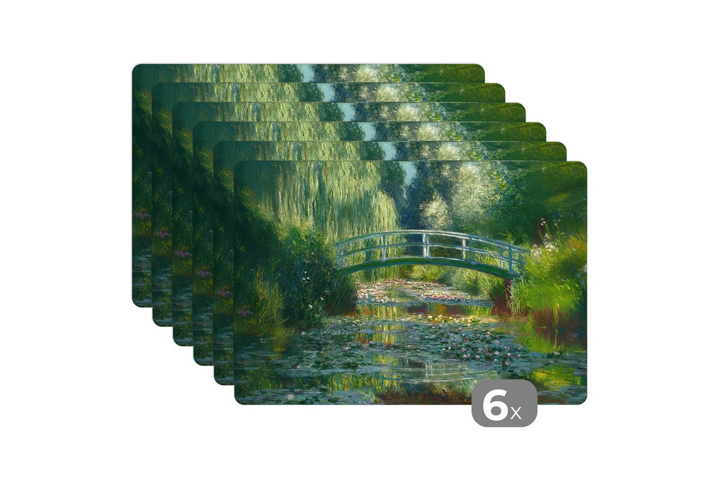 MuchoWow Platzset Brücke - Holz - Teich - Seerosen, (6-St), Platzsets, Tischset, Abwaschbar, Tischsets, Platzdeckchen von MuchoWow