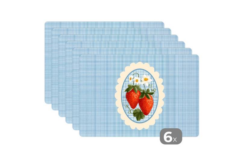 MuchoWow Platzset Erdbeeren - Rahmen - Rot - Kariert, (6-St), Platzsets, Tischset, Abwaschbar, Tischsets, Platzdeckchen von MuchoWow