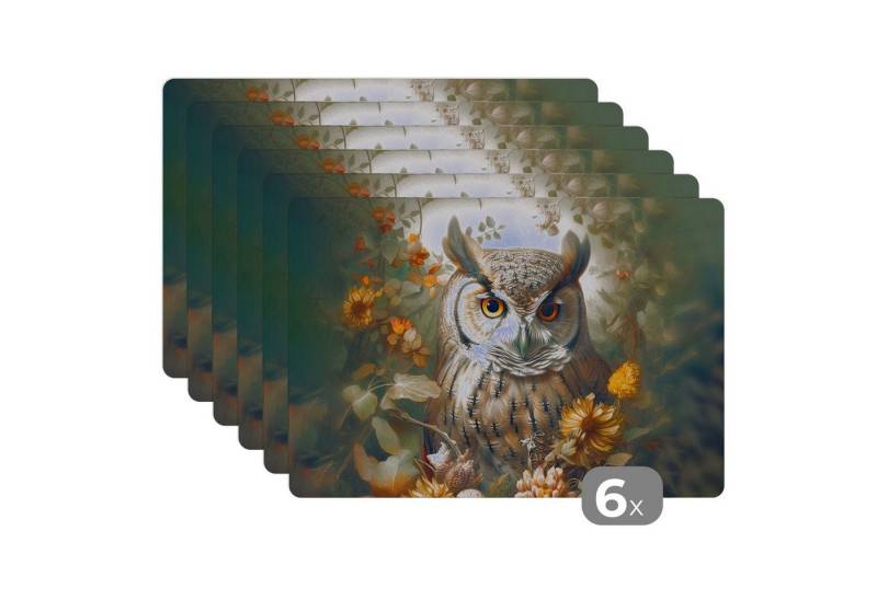 MuchoWow Platzset Eule - Vögel - Blumen - Natur, (6-St), Platzsets, Tischset, Abwaschbar, Tischsets, Platzdeckchen von MuchoWow