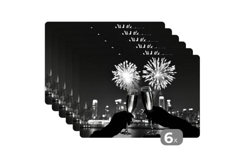 MuchoWow Platzset Feuerwerk - Prost - Skyline - Champagner, (6-St), Platzsets, Tischset, Abwaschbar, Tischsets, Platzdeckchen von MuchoWow