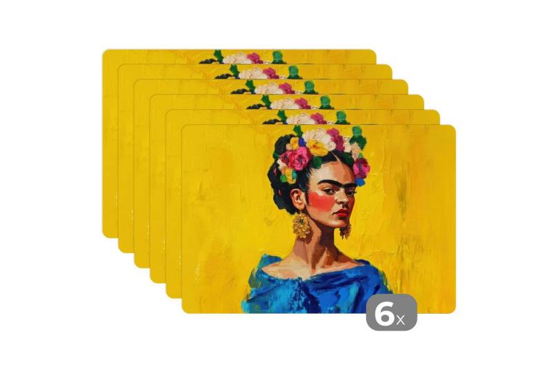 MuchoWow Platzset Frida Kahlo - Frau - Gelb - Blau - Blumen, (6-St), Platzsets, Tischset, Abwaschbar, Tischsets, Platzdeckchen von MuchoWow