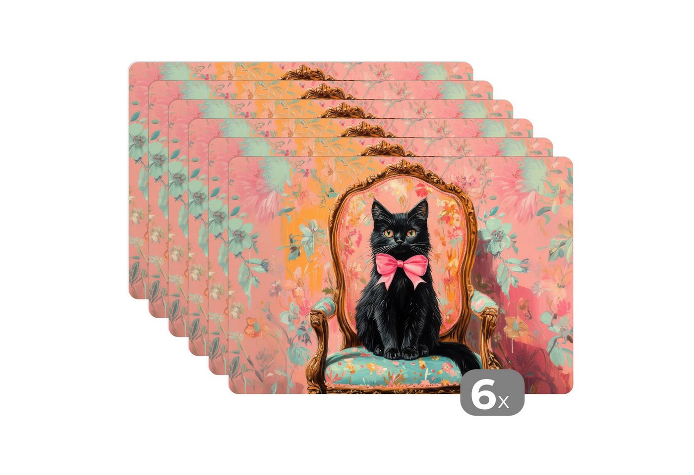 MuchoWow Platzset Katze - Rosa - Stuhl mit Blumenmuster, (6-St), Platzsets, Tischset, Abwaschbar, Tischsets, Platzdeckchen von MuchoWow