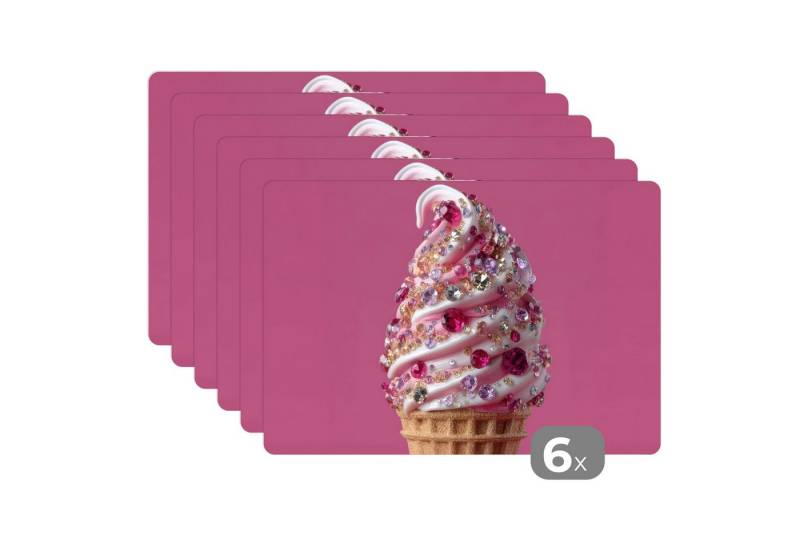 MuchoWow Platzset Softeis - Edelsteine - Rosa - Waffel, (6-St), Platzsets, Tischset, Abwaschbar, Tischsets, Platzdeckchen von MuchoWow