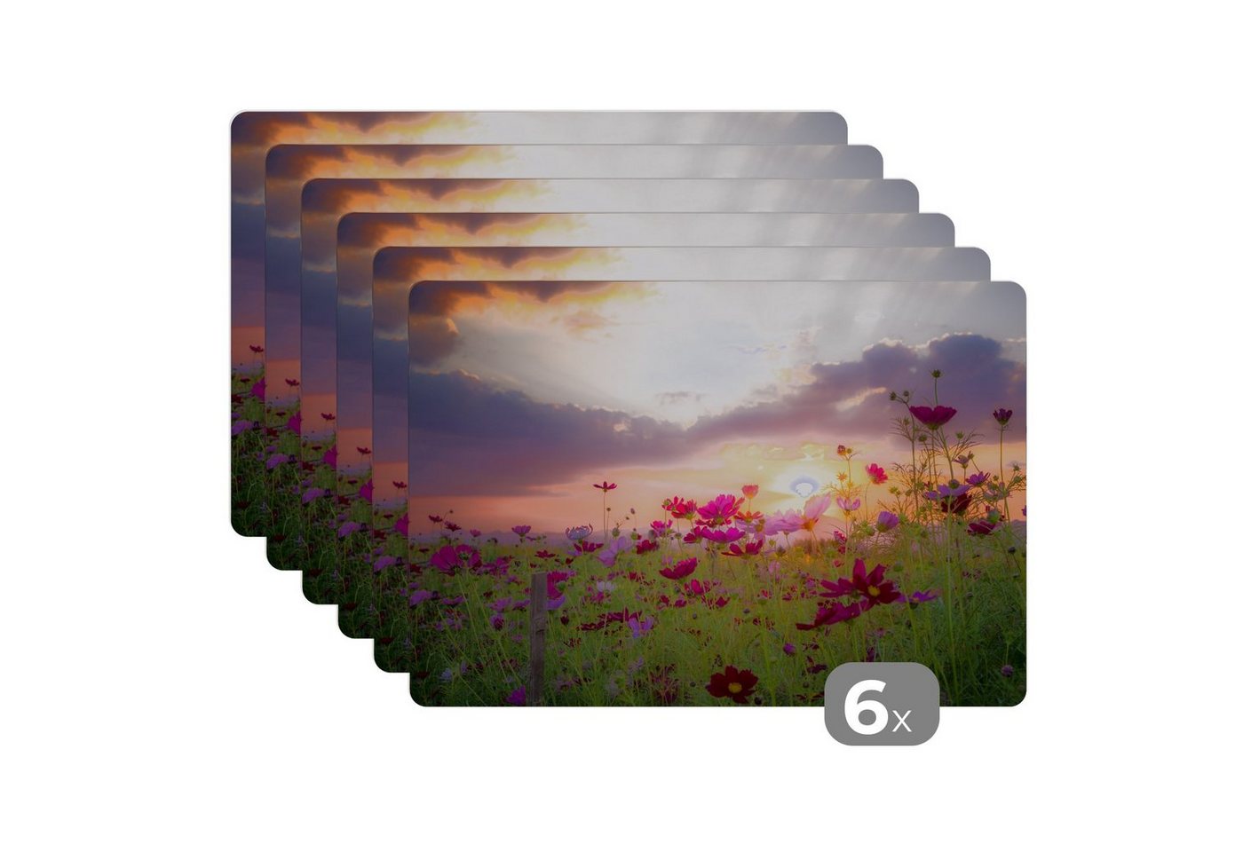 MuchoWow Platzset Sonnenuntergang - Blumen - Rosa - Natur - Grün, (6-St), Platzsets, Tischset, Abwaschbar, Tischsets, Platzdeckchen von MuchoWow