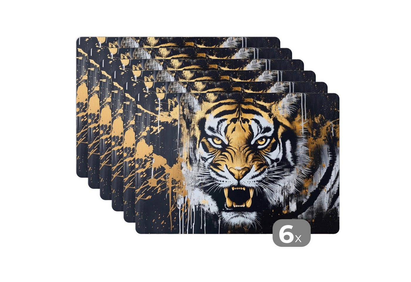 MuchoWow Platzset Tiger - Farbspritzer - Gold, (6-St), Platzsets, Tischset, Abwaschbar, Tischsets, Platzdeckchen von MuchoWow