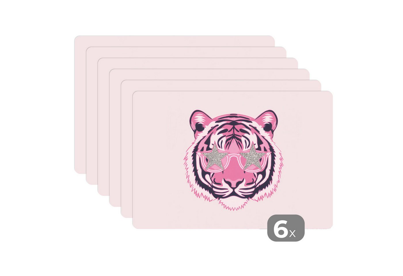 MuchoWow Platzset Tiger - Glitzer-Sonnenbrille - Rosa, (6-St), Platzsets, Tischset, Abwaschbar, Tischsets, Platzdeckchen von MuchoWow