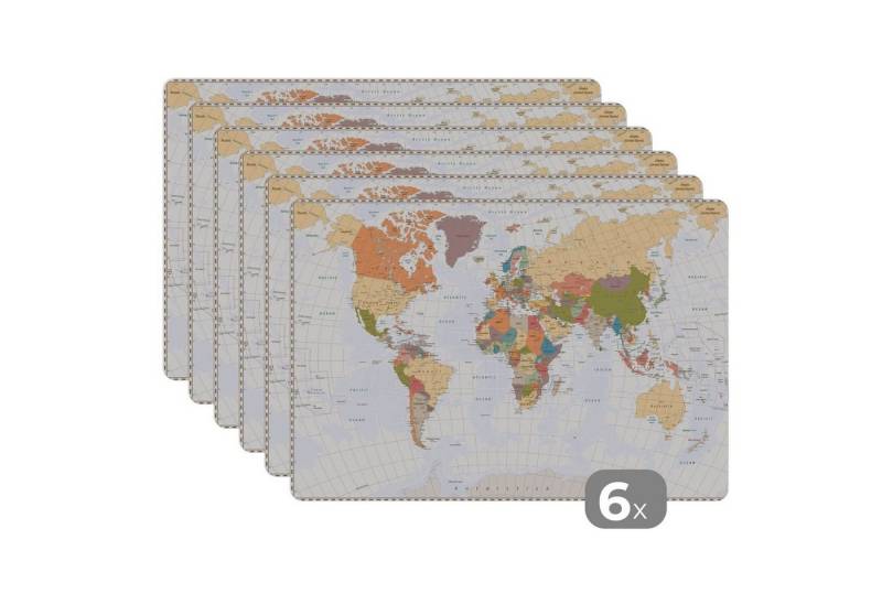 MuchoWow Platzset Weltkarte - Retro - Farben - Pädagogisch - Statistisch, (6-St), Platzsets, Tischset, Abwaschbar, Tischsets, Platzdeckchen von MuchoWow