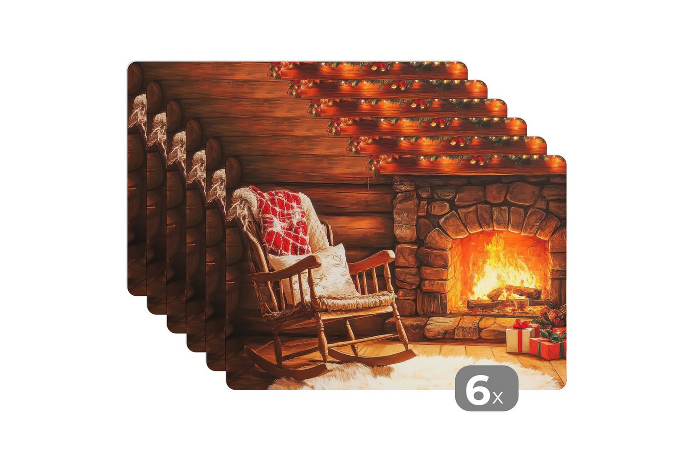 MuchoWow Platzset Winter - Weihnachten - Zuhause - Kamin, (6-St), Platzsets, Tischset, Abwaschbar, Tischsets, Platzdeckchen von MuchoWow