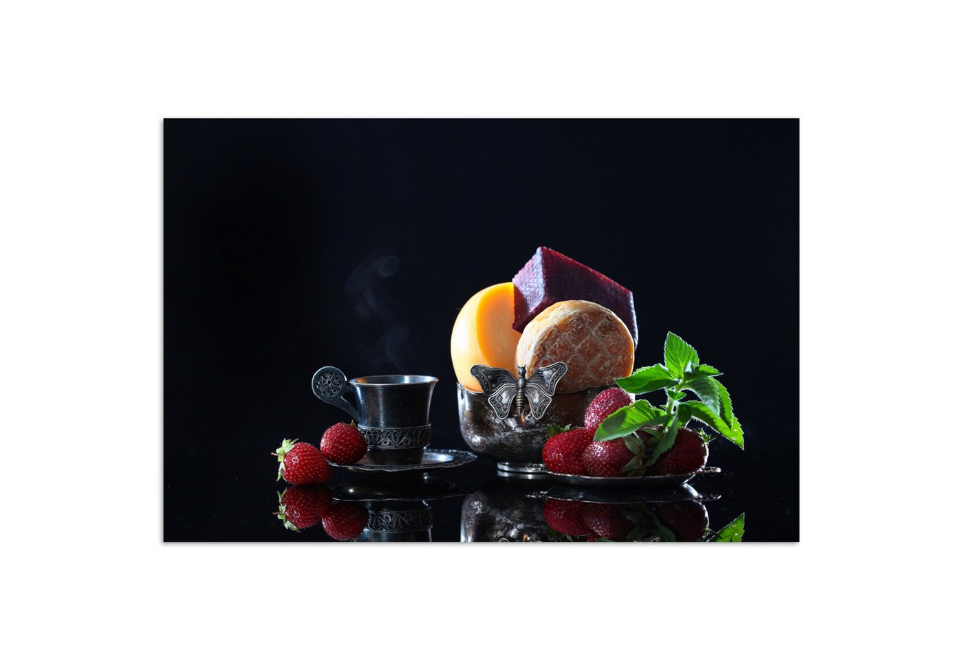 MuchoWow Poster Rustikal - Obst - Käse - Tisch - Stilleben, (1 St), Poster ohne Rahmen, Wandbild, Wandposter, 30x20 cm von MuchoWow