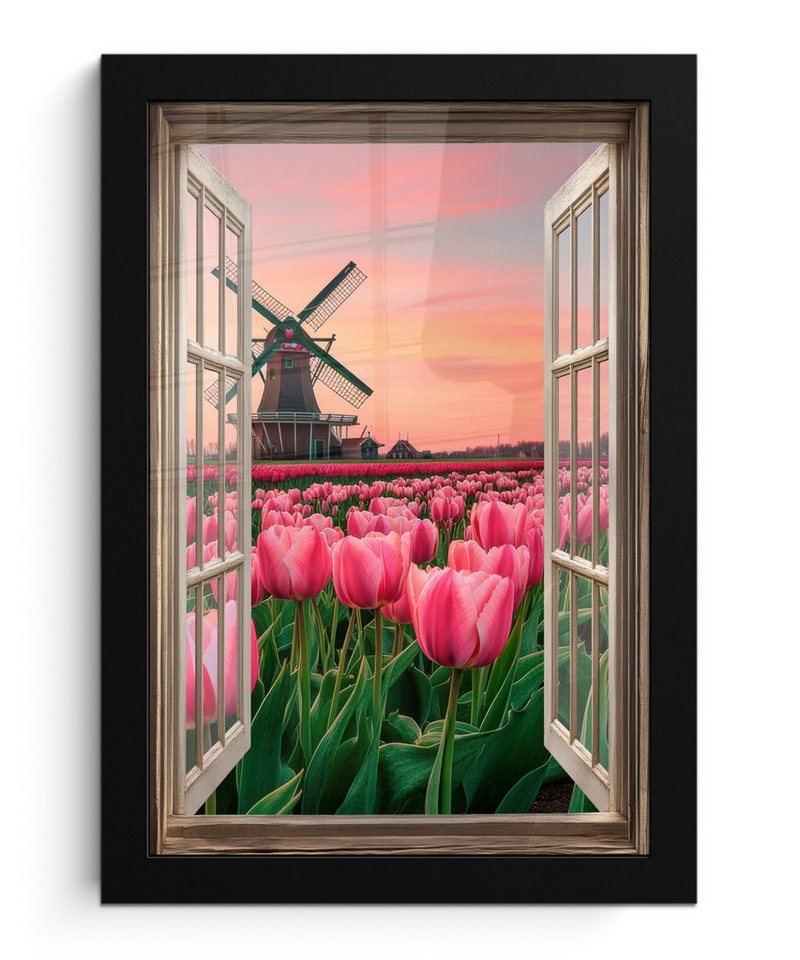 MuchoWow Poster Ausblick - Tulpen - Blumen - Mühle - Fenster, (1 St), Bilderrahmen, Zimmer Deko, Bild für Wohnzimmer, 20x30 cm von MuchoWow