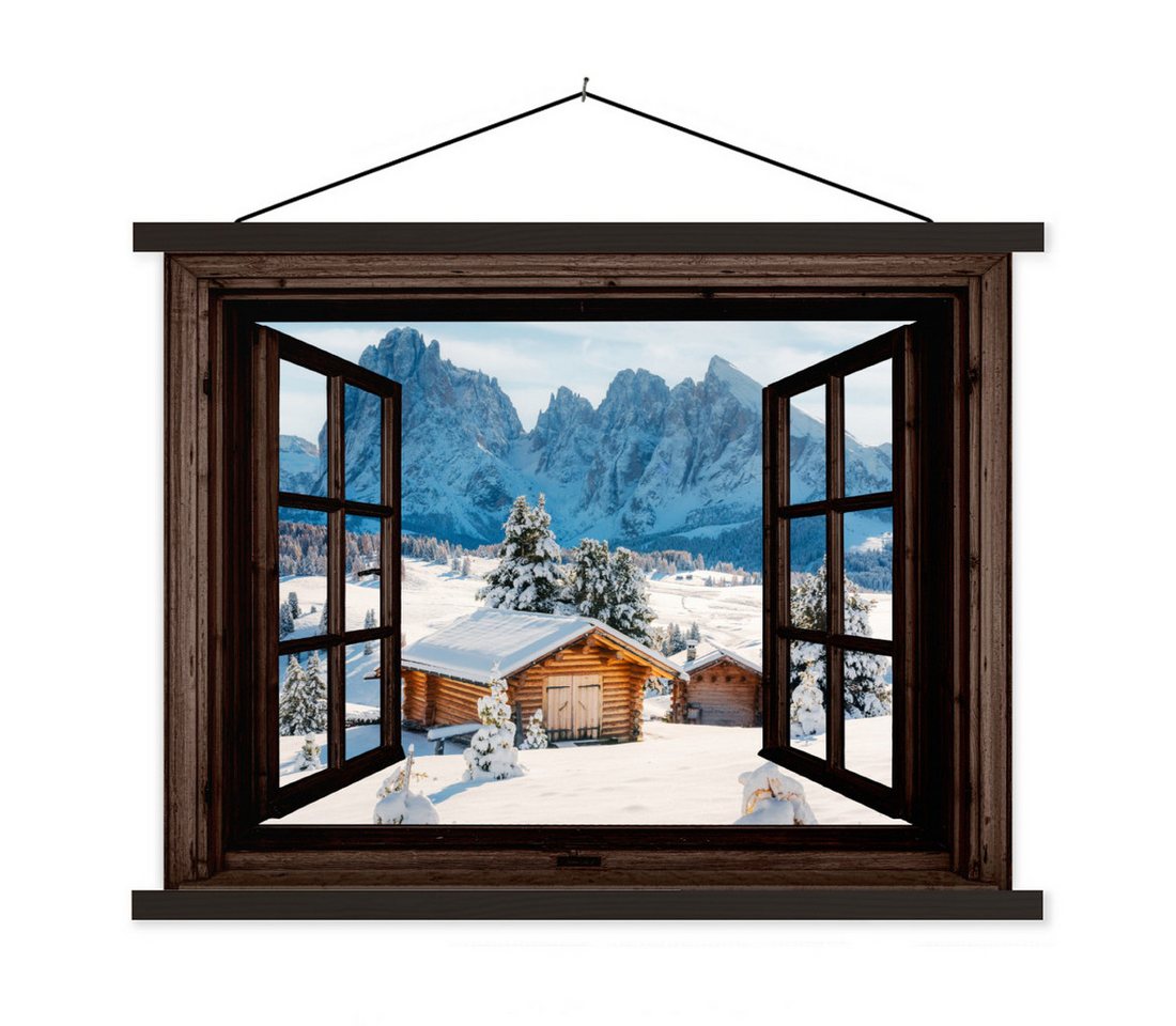 MuchoWow Poster Aussicht - Winter - Landschaft - Hütte - Berge, (1 St), Magnetische Posterleiste, Holzleisten, Textilposter, 40x30 cm von MuchoWow