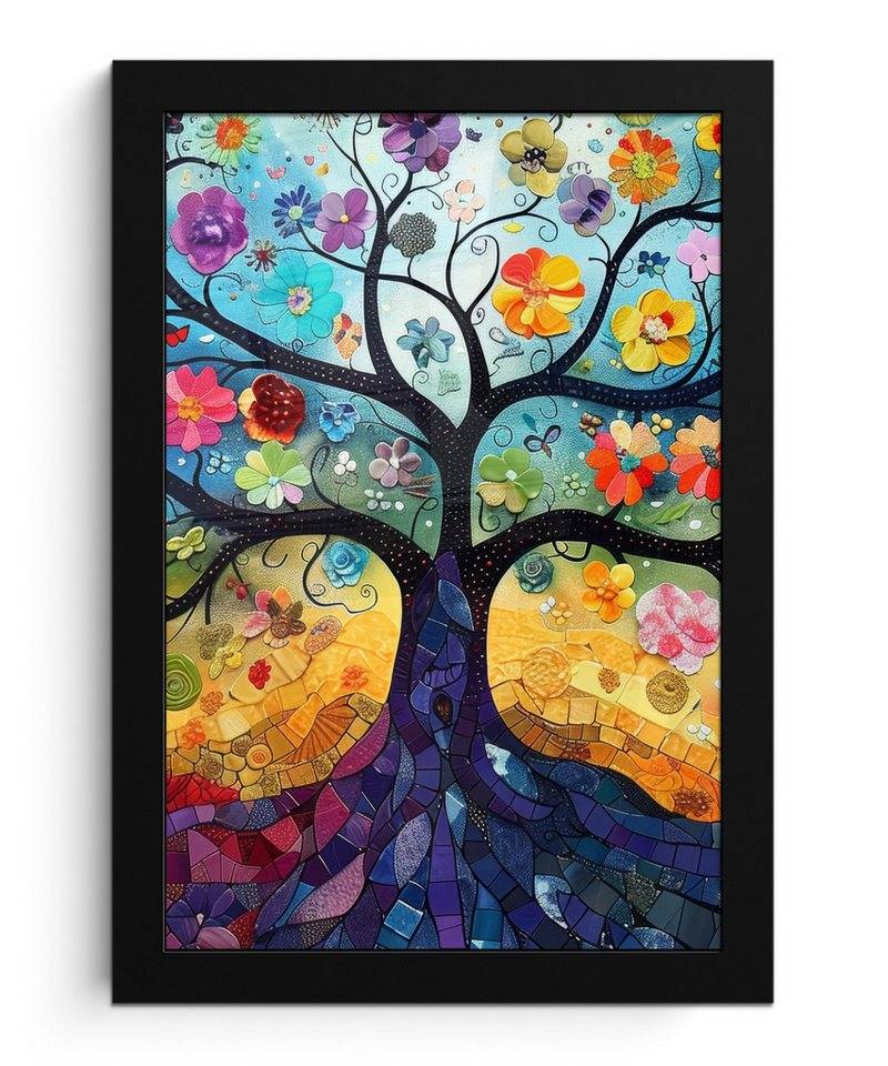 MuchoWow Poster Baum - Bunt - Blumen - Kunst - Abstrakt, (1 St), Bilderrahmen, Zimmer Deko, Bild für Wohnzimmer, 20x30 cm von MuchoWow