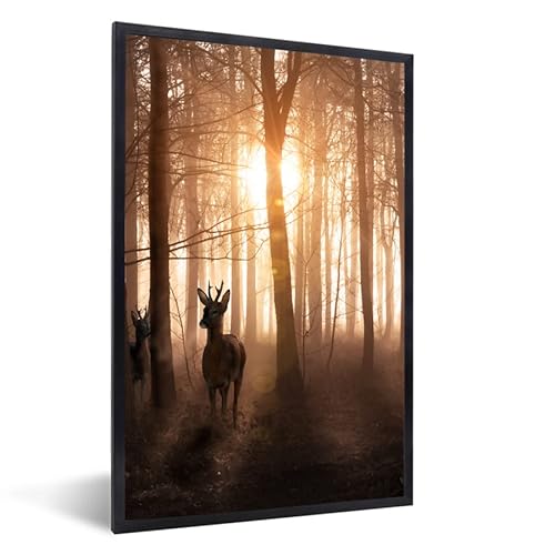 MuchoWow Poster Bilder Wanddeko Deko Wohnzimmer 80x120 cm Wald - Hirsche - Sonne - Bäume - Winter - Natur - Tiere von MuchoWow