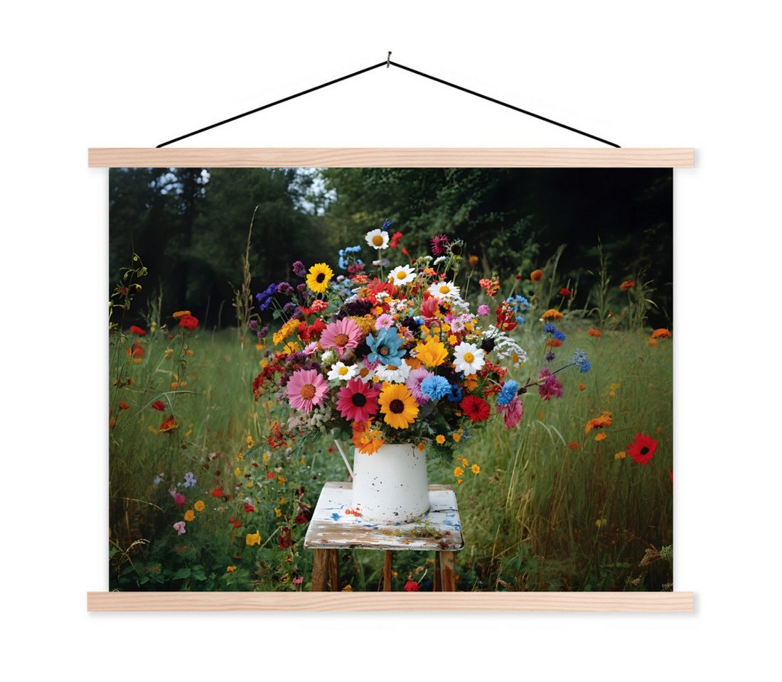MuchoWow Poster Blumen - Hocker - Gießkanne - Feld, (1 St), Posterleiste, Textilposter für Wohnzimmer, Bilderleiste, 40x30 cm von MuchoWow
