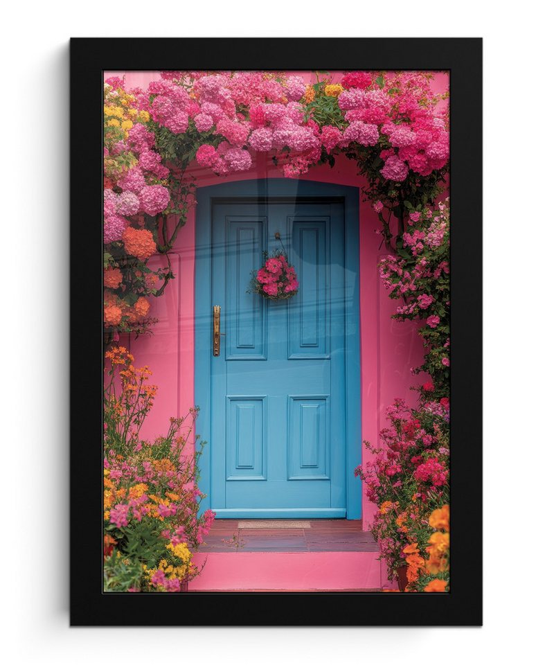 MuchoWow Poster Blumen - Tür - Rosa, (1 St), Bilderrahmen, Zimmer Deko, Bild für Wohnzimmer, 20x30 cm von MuchoWow